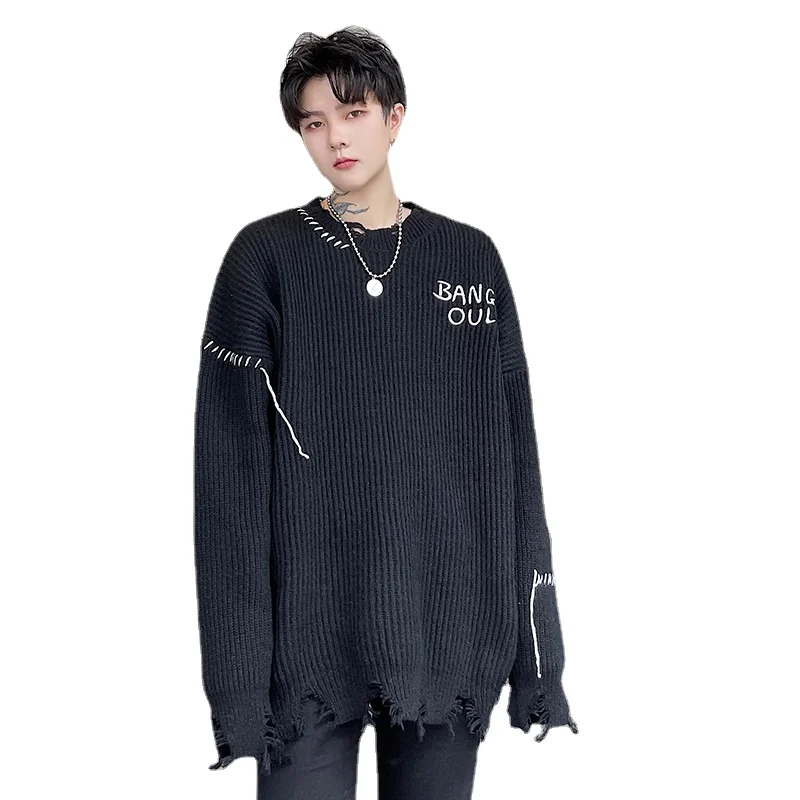 Men Broken Edge Pullover Sweater Streetwear Hip Hop Punk Ripped Hole