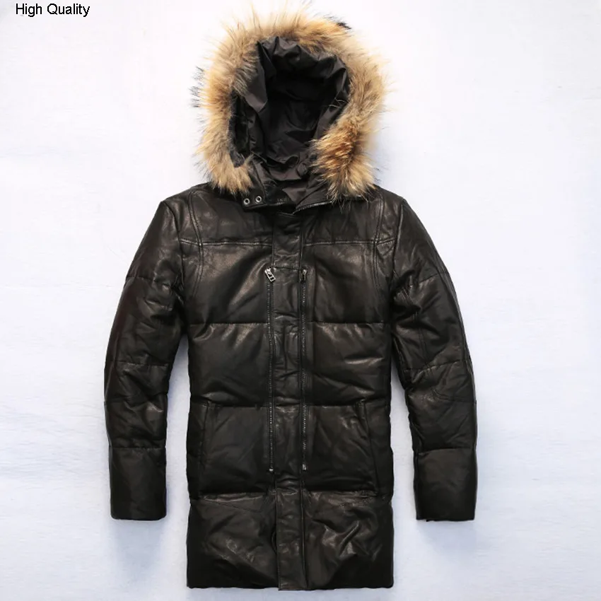 

real reccoon fur hooded white duck down leather jacket men slim fit winter down coat for male sheepskin winter coat men