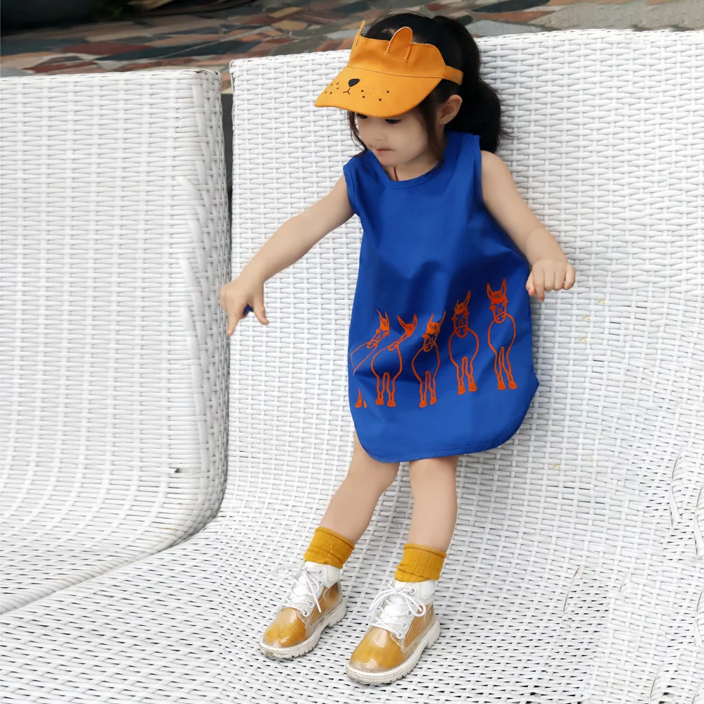 

Y194 Brand customized girl dresses Girl's Blue Flock Embroidered Pony Pattern Vest Dress