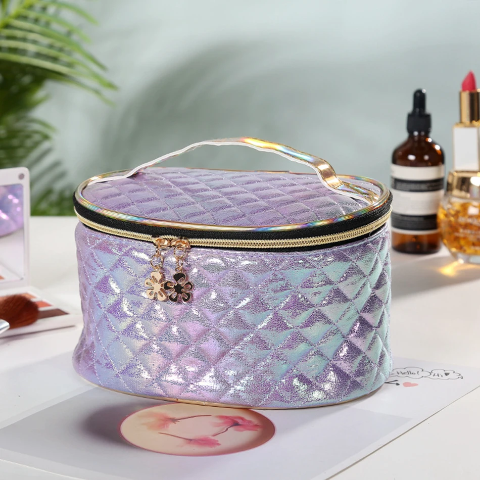 Fashion WomenTravel Laser Makeup Bag Organizer Waterproof Zipper PU Plaid Cosmetic Make Up Storage Portable Beauty Wash Kit Case