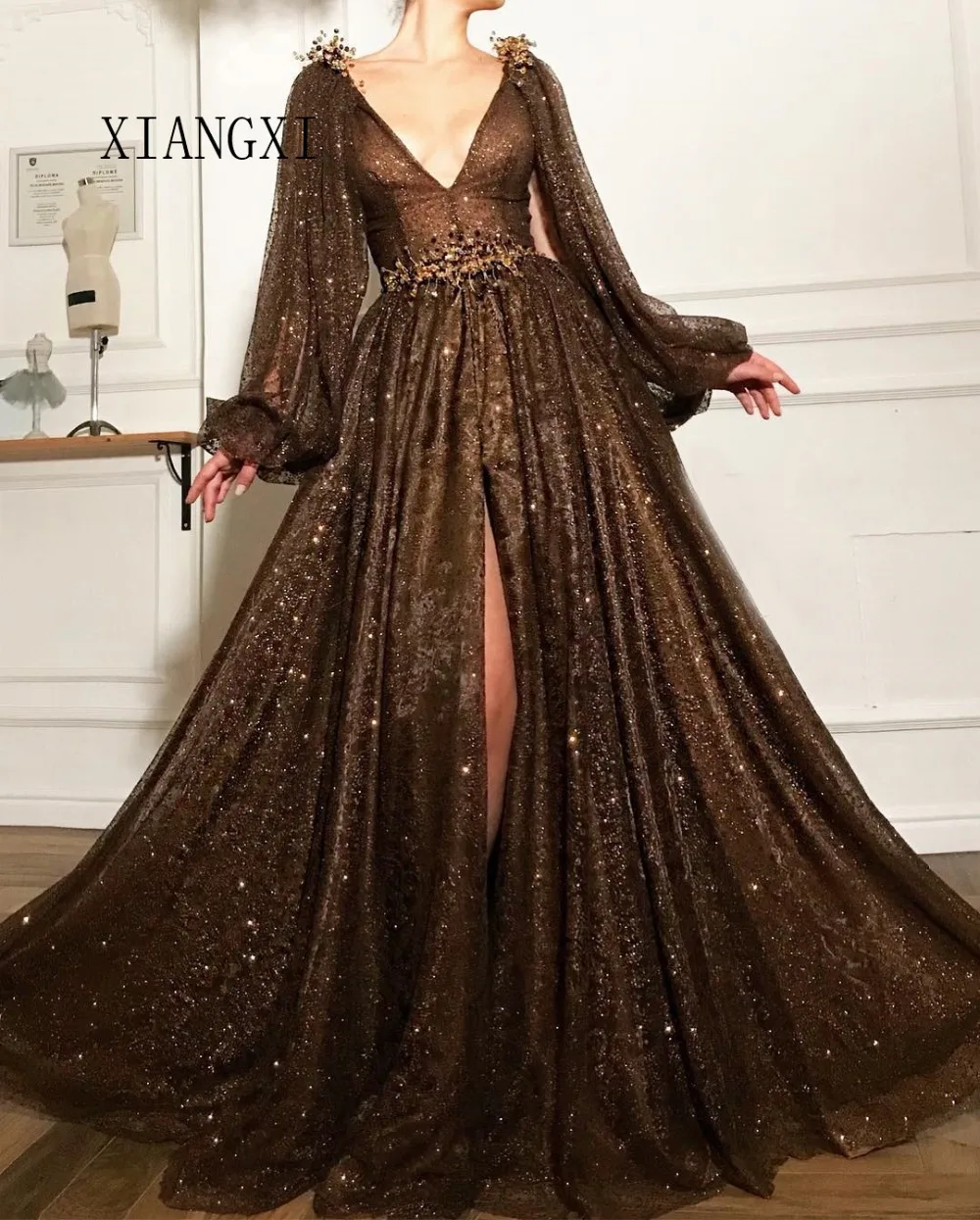 XIANGXI блестящие вечерние платья длинные мусульманские с глубоким v-образным вырезом трапециевидные платья с бисером для выпускного вечера Вечернее платье вечерние платья Vestidos