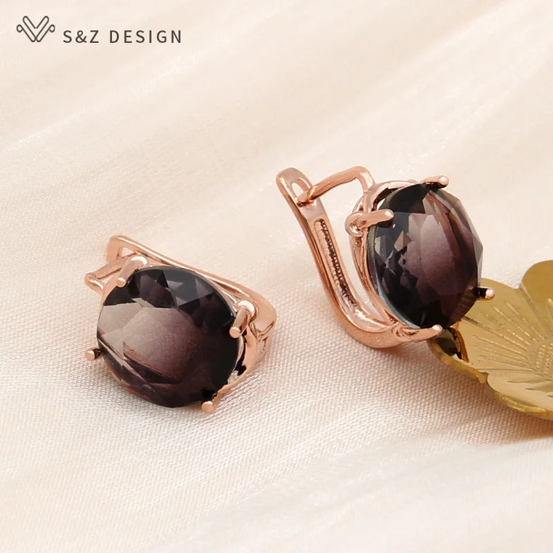 S&Z DESIGN New Fashion 585 Rose Gold Color Big Round Imitation Tourmaline Dangle Earrings For Women Wedding Party Jewelry