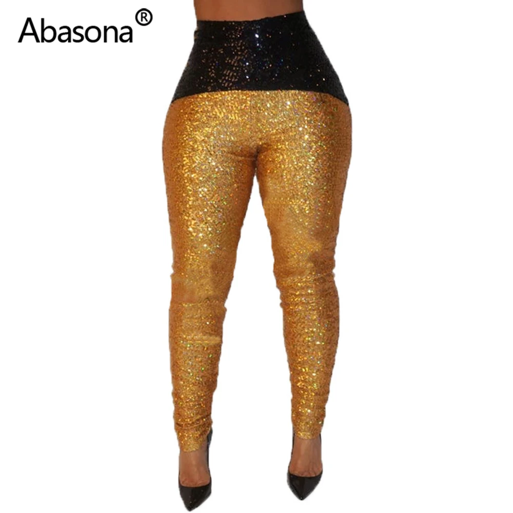 Золотой Abasona, женские узкие брюки, повседневные, для офиса, для девушек, с высокой талией, с блестками, дизайн, женские длинные штаны, Осенние, палаццо, брюки для женщин - Цвет: Золотой