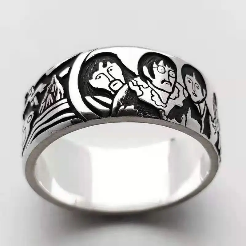 Unique Fashion Silver Mens Rings Vintage Hand-painted Rock Band Cartoon Figure Statue Jewelry Men Hip Hop Party | Украшения и