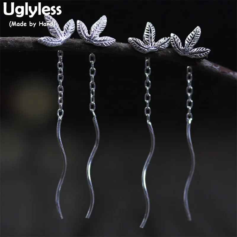 Uglyless S925 Sterling Silver Women Handmade Engrave Leaves Ear Lines Simple Wave Designer Earrings Chains Tassel Brincos Bijoux | Украшения
