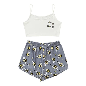 

Women 2 Piece Camis Pants Suit Summer Sleeveless Spaghetti Bee Printed Round Neck Fashion Top Shorts Sets