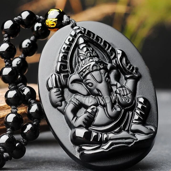 Pendant Necklace Beautiful Handwork Natural Black Obsidian Carved Elephant Nose Buddha God of Wealth Lucky Pendant + Beads Necklace Gift Jewelry