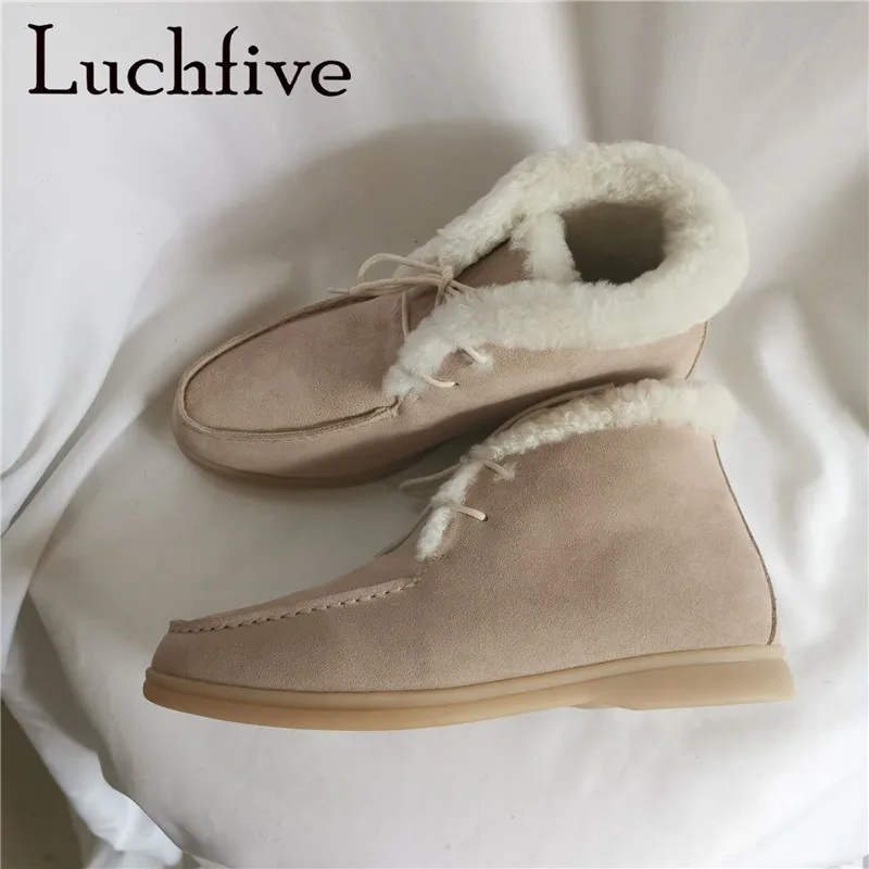 Удобные зимние сапоги на плоской резиновой подошве; замшевые ботильоны на шнуровке с отделкой из натурального меха; женская зимняя обувь - Цвет: Бежевый