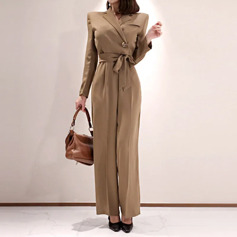 2020 autumn and winter new temperament slim-fit tie suit stand-up collar wide-leg pants professional fashion jumpsuit