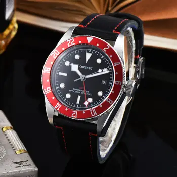 

Corgeut 41mm red bezel Sapphire glass 316L SS case Mens Watch GMT Automatic Waterproof Calendar Luminous mechanical wristwatches