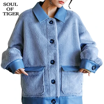 

SOUL OF TIGER 2019 Luxury England Fashion Ladies Loose Faux Fur Jackets Womens Leather Patchwork Coats Winter New Casual Outwear