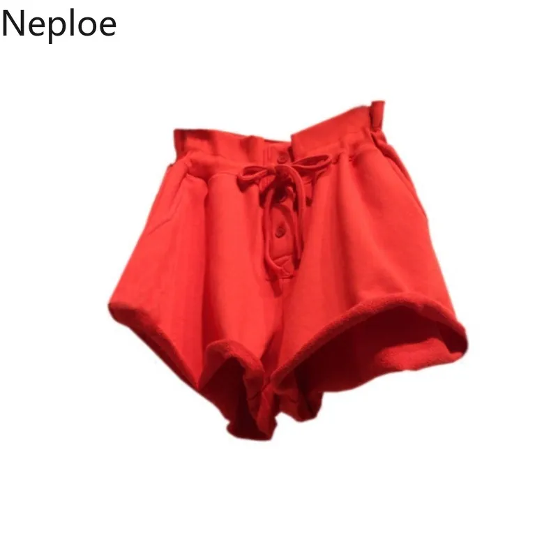 Neploe, однотонные, на завязках, женские шорты, лето, повседневные, высокая талия, пуговицы, короткие, женские, корейские, свободные, широкие, шорты, 45317