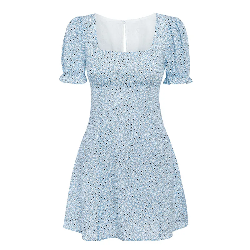 Conmoto повседневное винтажное летнее платье с оборками женские короткие синие женские пляжные платья с квадратным воротником Пышное Платье в цветочек - Цвет: Синий