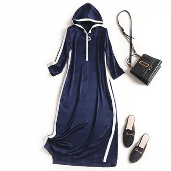 

Women Side Split Joint Zipper Personality Dress New Hooded 3/4 Sleeve Loose Fit Fashion Tide Spring Autumn 2020