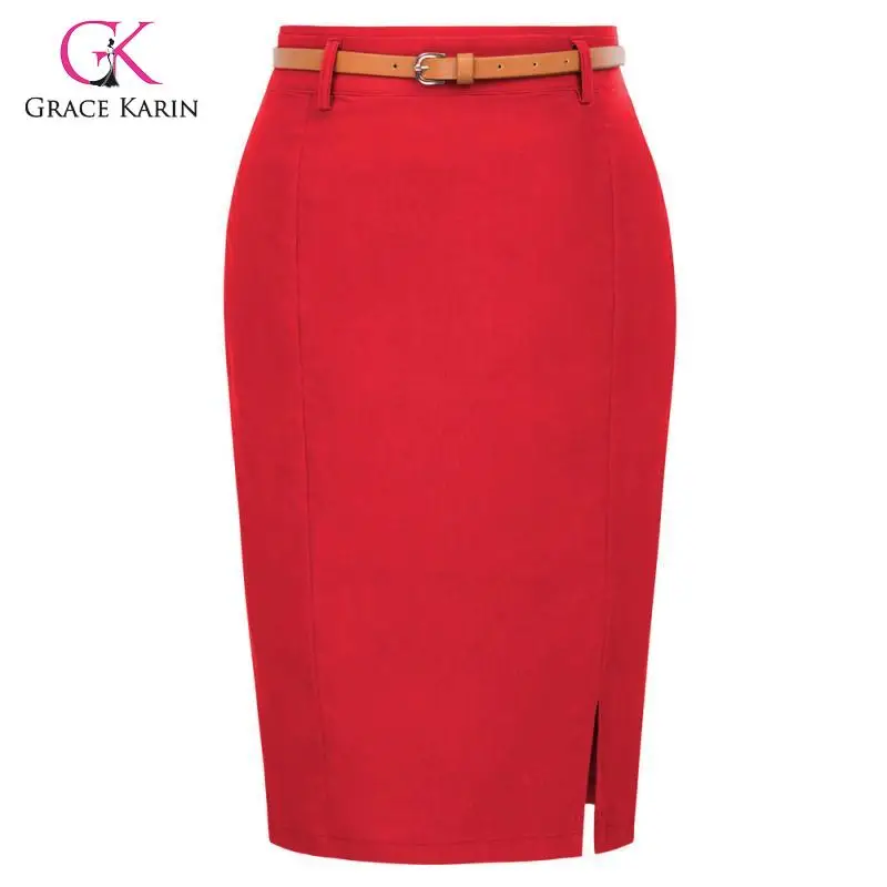 Grace Karin Женская официальная юбка с высокой талией, облегающая бедра, одноцветная облегающая юбка-карандаш с поясом, Офисная Женская юбка миди для вечеринок