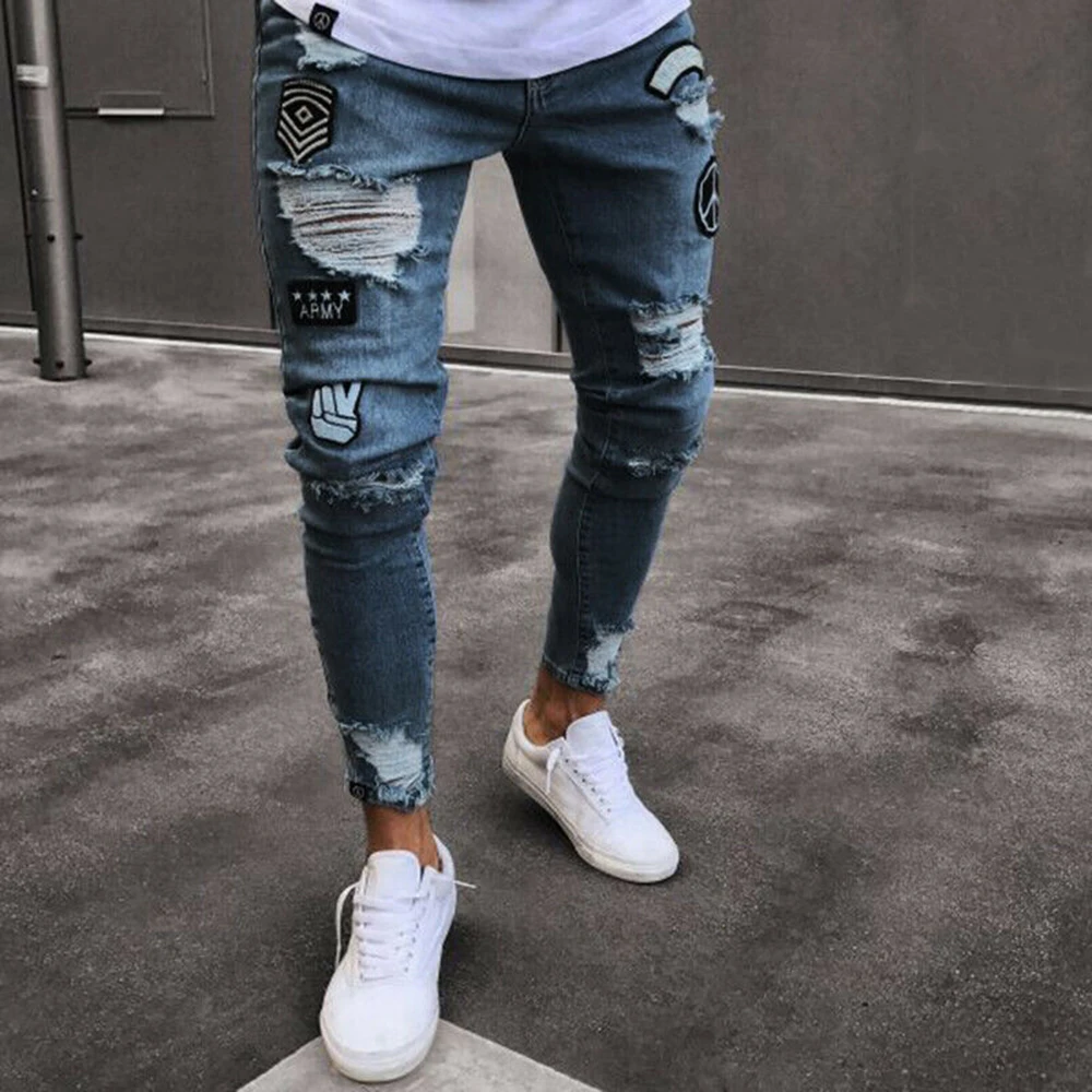 Мужские рваные джинсы, потертые, с рисунком из мультфильма, модные, повседневные, для вечеринки, тонкие, шармы, брюки из хлопка и льна