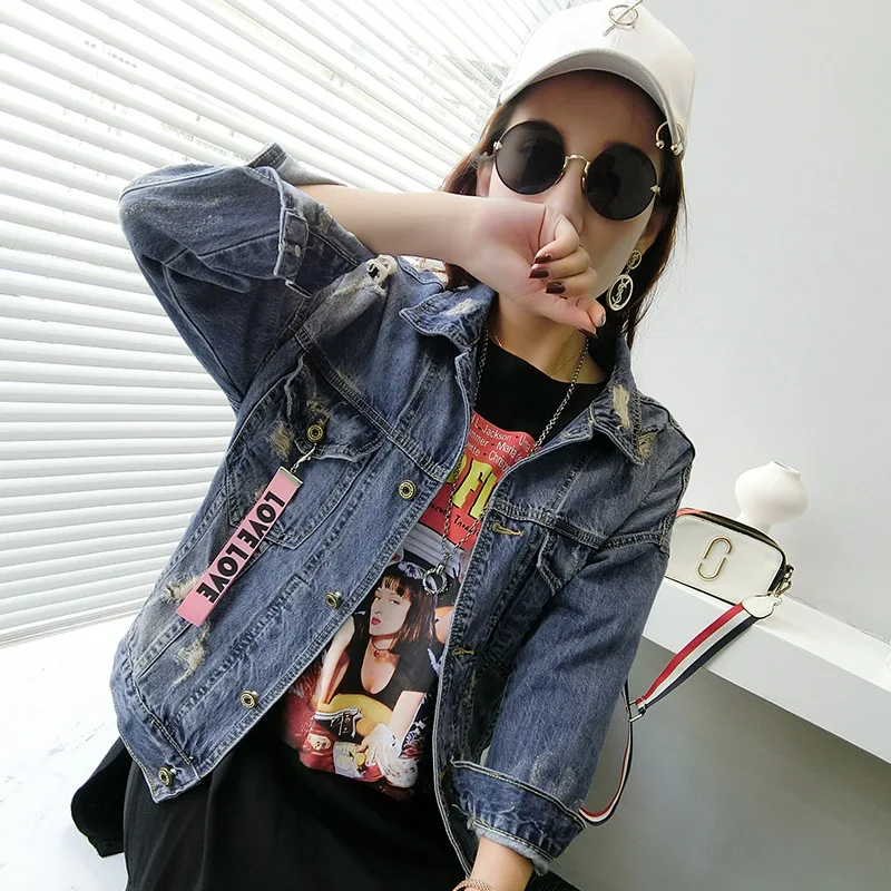 

2018 Autumn New Style with Holes Jeans Coat Women's Loose-Fit Korean-style Fashion Students Jacket Long-sleeved Upper Garment Tr
