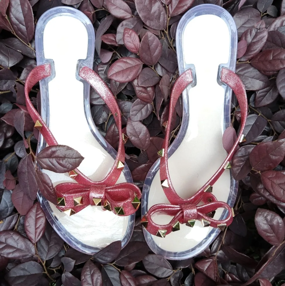 Summer Beach Sandals Woman Flip Flops PVC Slides Female Sandals Rivet Bowknot Slip on Flat with Women Studs Slippers Jelly Shoes