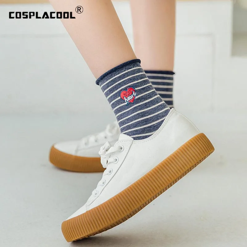 

COSPLACOOL Warm Edge Embroidery Letter Heart Funny Socks Striped Harajuku Creative Cute Socks Women Divertidos Calcetines Sokken