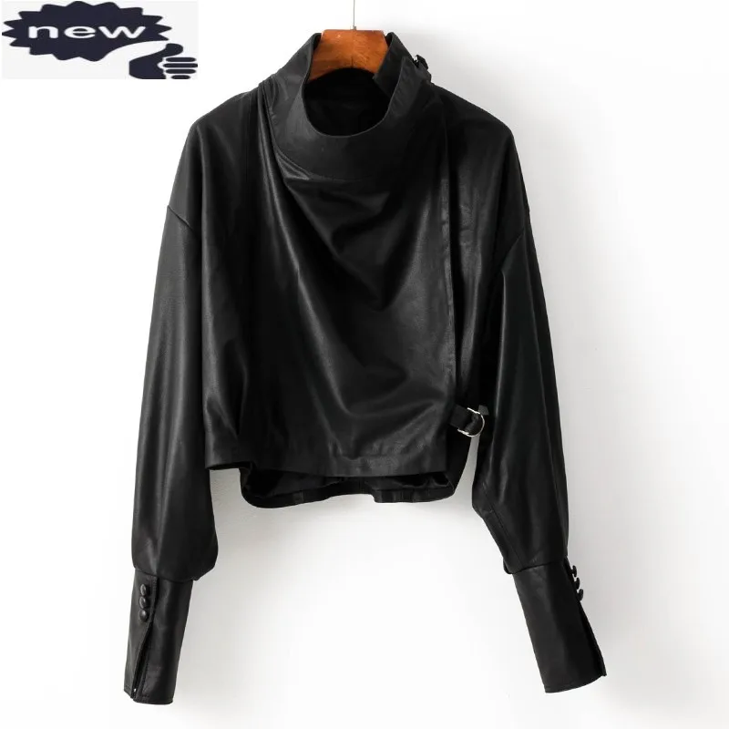 

Luxury Women Sheepskin Real Leather Jacket Stand Collar Punk Biker Short Coat Streetwear Spring Autumn Batwing Sleeve Outerwear