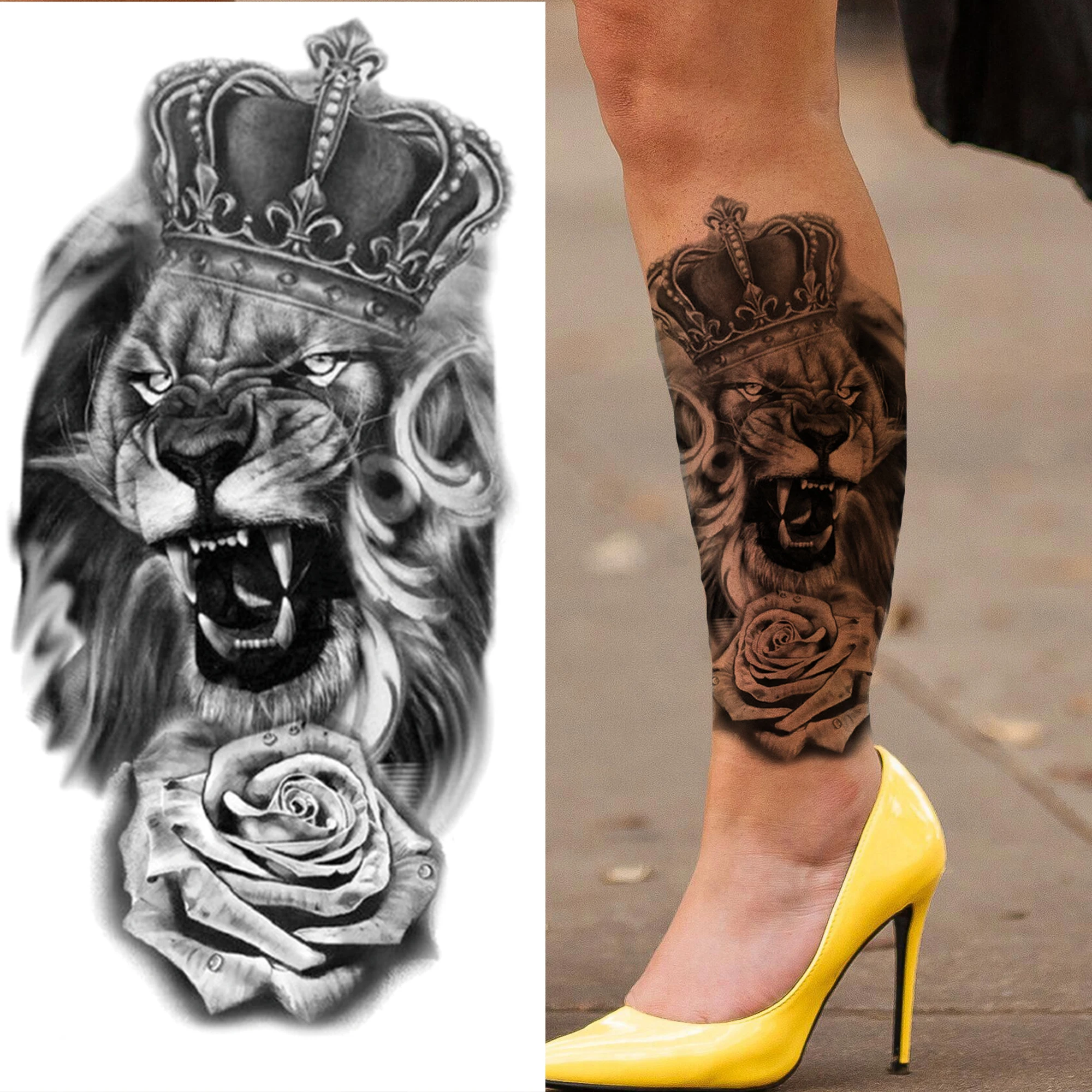 Tatouage Lion Avec Rose Femme Tatouages Temporaires Lion Couronne Noire Pour Hommes Et Femmes, Faux  Autocollant Rose Diable Chat, Imperméable, Cuisse, Avant-bras - Temporaire  Tatouages - AliExpress