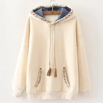 

Women Harajuku Embroidery Tassels Hoodie Long Sleeve Velvet Sweatshirts Female Cashmere Warm Hooded Pullover