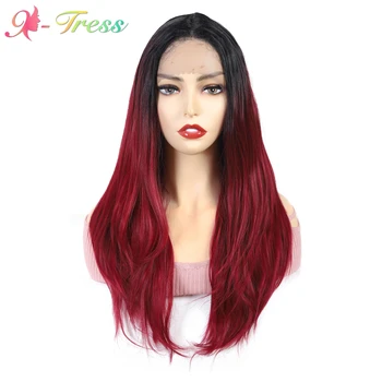 

Heat Resistant Synthetic Fiber Front Lace Wig X-TRESS Natural Straight Wine Red False-hair with Baby Hair For Women Daily Use