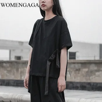 

Europe Harajuku T Shirt with Elastic Webbing Irregular Hem Trend Fashion Women Tops Dark Style Tshirt Trend Women Clothes CGK8