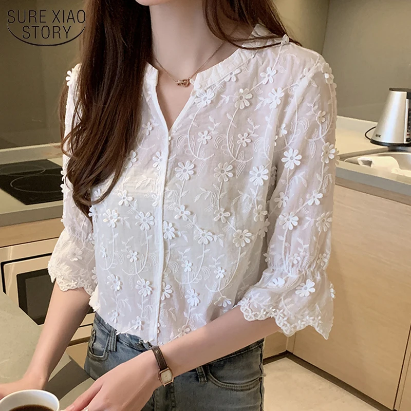 2022 Summer Fashion Women Shirt New Korean Style Embroidered White Tops  Cotton Blouse Floral V-neck Woman's Tops Solid Chic - Women Blouse -  AliExpress