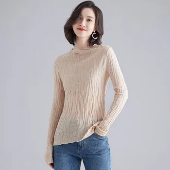 

Spring and autumn new high-neck pleated long-sleeved knitted T-shirt women red