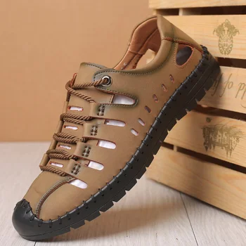 

2020 Summer Men Split Leather Casual Sandals Shoes Breathable Hollowed Sewing Rubber Shoes Outdoor Solid Handmade Sneakers