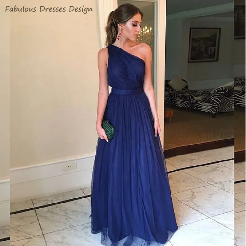 

Royal Blue One Shoulder Prom Dresses Long 2020 Chiffon A Line Belt Formal Evening Dress Party For Women Vestido