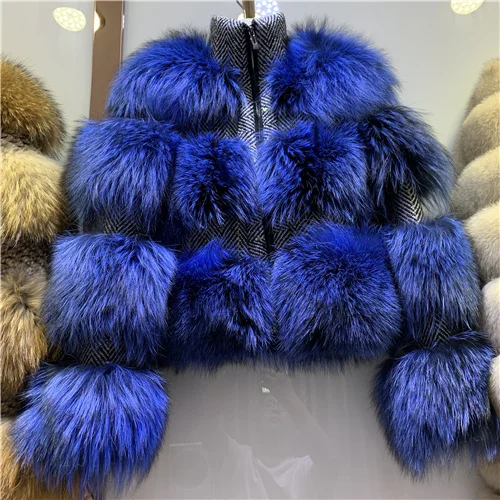 Silver fox fur blue Зимняя куртка из лисьего меха, женская шуба из натурального меха серебристой лисы, шуба из натурального меха енота, шерстяное пальто, уличная одежда, новая модная куртка - Цвет: Silver fox fur blue