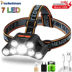 Lampe frontale à 7 led, rechargeable par USB, lumière forte, torche Super brillante, éclairage à longue portée, montée sur la tête, pour la pêche 