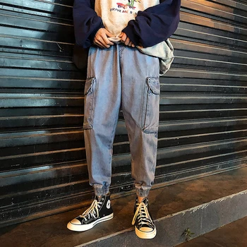 

2019 Autumn Men's Baggy Homme Cargo Pocket Wash Jeans Leisure Fashion Casual Pants High-quality Mens Blue Color Trousers M-2XL