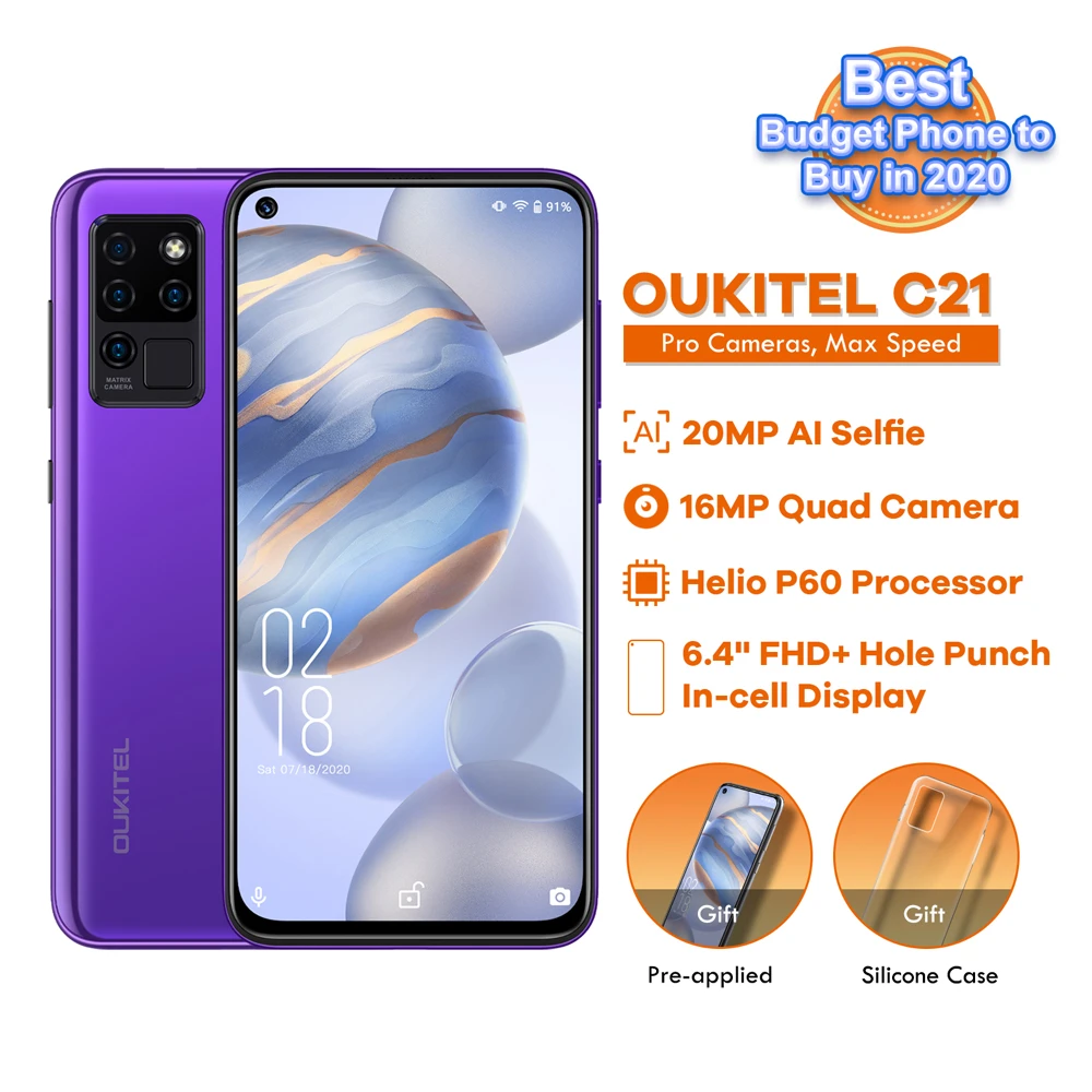 Oukitel 携帯電話c21 6 4インチ画面 スマートフォン Helio P60オクタコア 4gb Ram 64gb Rom 4g クアッドカメラ16mp Android 10 バッテリー4000mah 携帯電話 Aliexpress