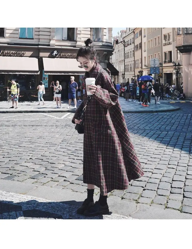 Новинка, осенне-зимняя шерстяная куртка для фотосессии, женский корейский стиль, свободный крой, фиолетовый, красный, в клетку, длинная, повседневная, шерстяная