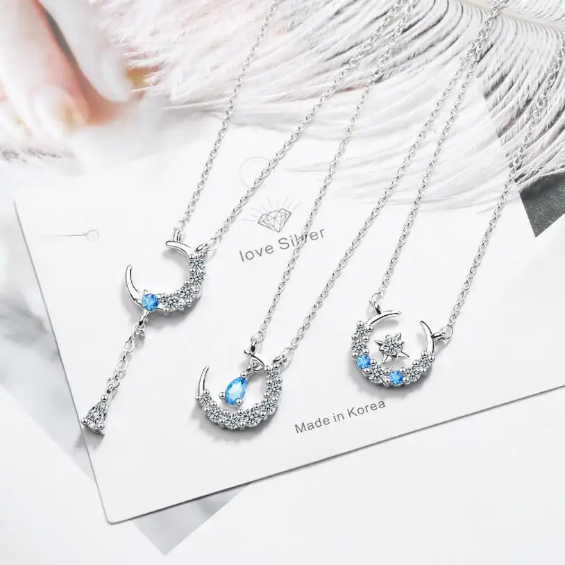 

Kuziduocai New 3 Style Concise Star Moon Water-Drop Tassel Zircon 925 Sterling Silver Necklaces & Pendants For Women SN-98