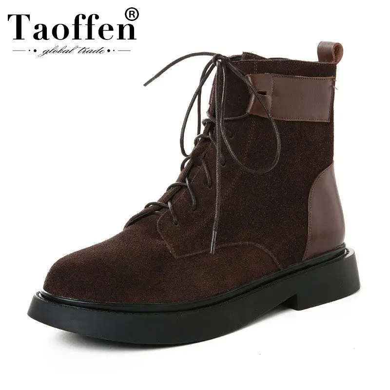 

Taoffen Genuine Leather Lady Motorcycle Boots Zipper Winter Warm Comfortable Shoes Woman Flats Round Toe Short Boots Size 34-40