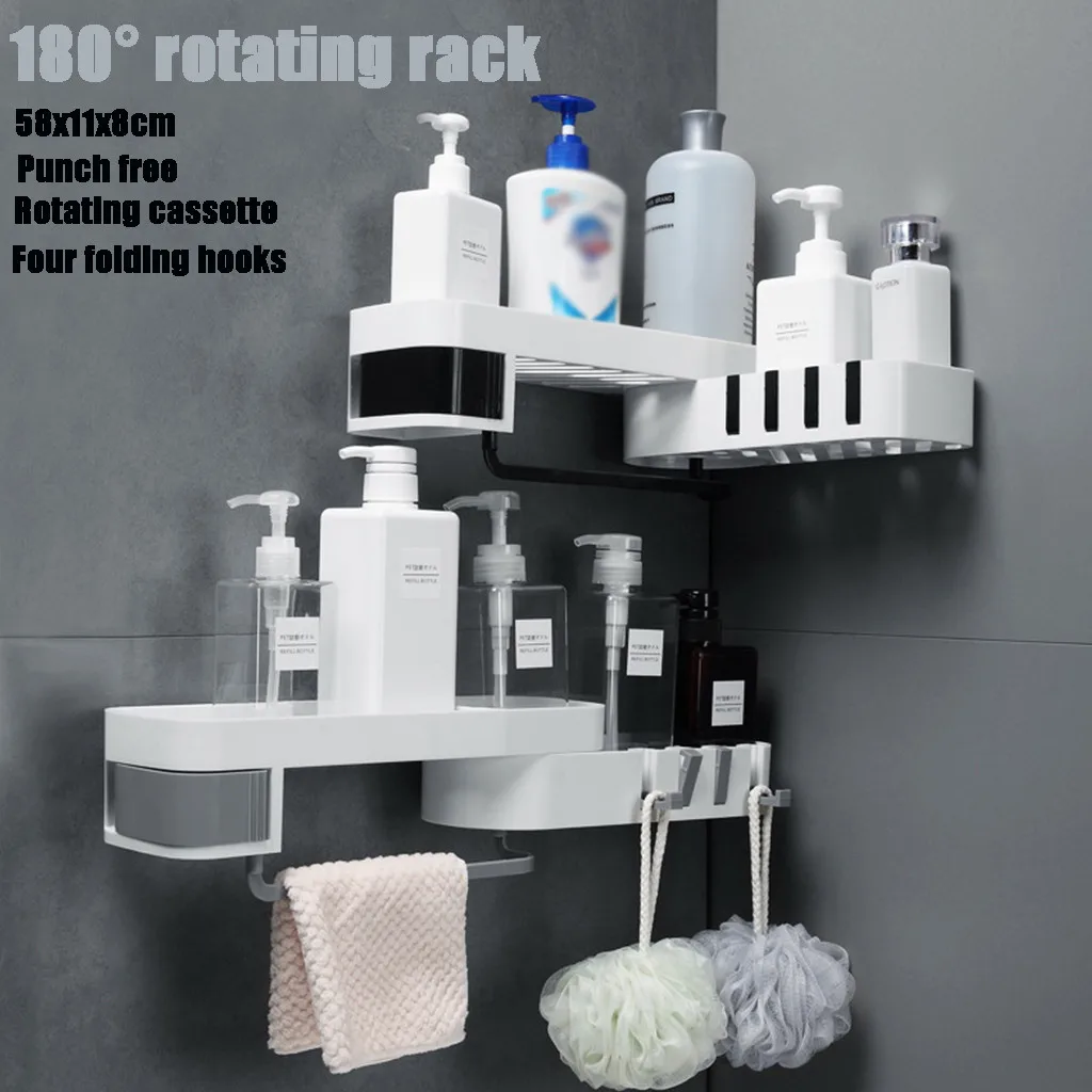 

Multifunctional bathroom kitchen 180°Rotatin shelf with 4 hook cassette Bathroom shelf Easy to install Drill free Rotating rack