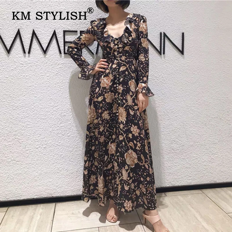 KM STYLISH Autumn Winter Women's Dress 2019 New Vintage Linen Floral V-neck Flare Long Sleeve High Waist Ruffle | Женская одежда