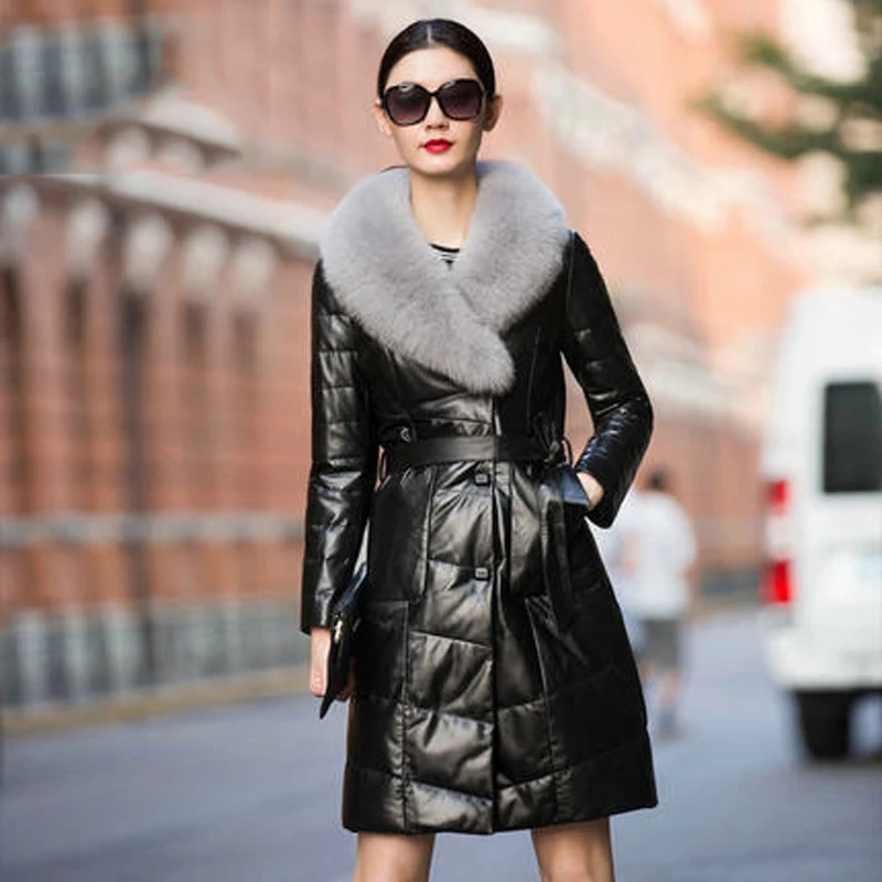 

Genuine Leather Jacket Women 100% Real Sheepskin Long Coat Plus Size 6XL 2020 Winter Duck Jacket Women's Real Fox fur Coat L480