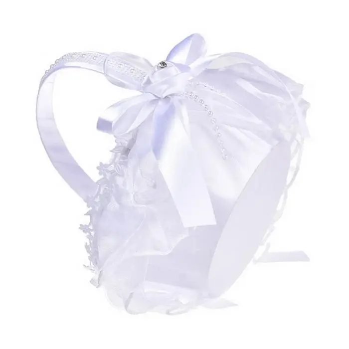 White Wedding Basket with Lace Bow Cute Polyester Wedding Flower Basket for Rose Petals Reception Decoration White PI669