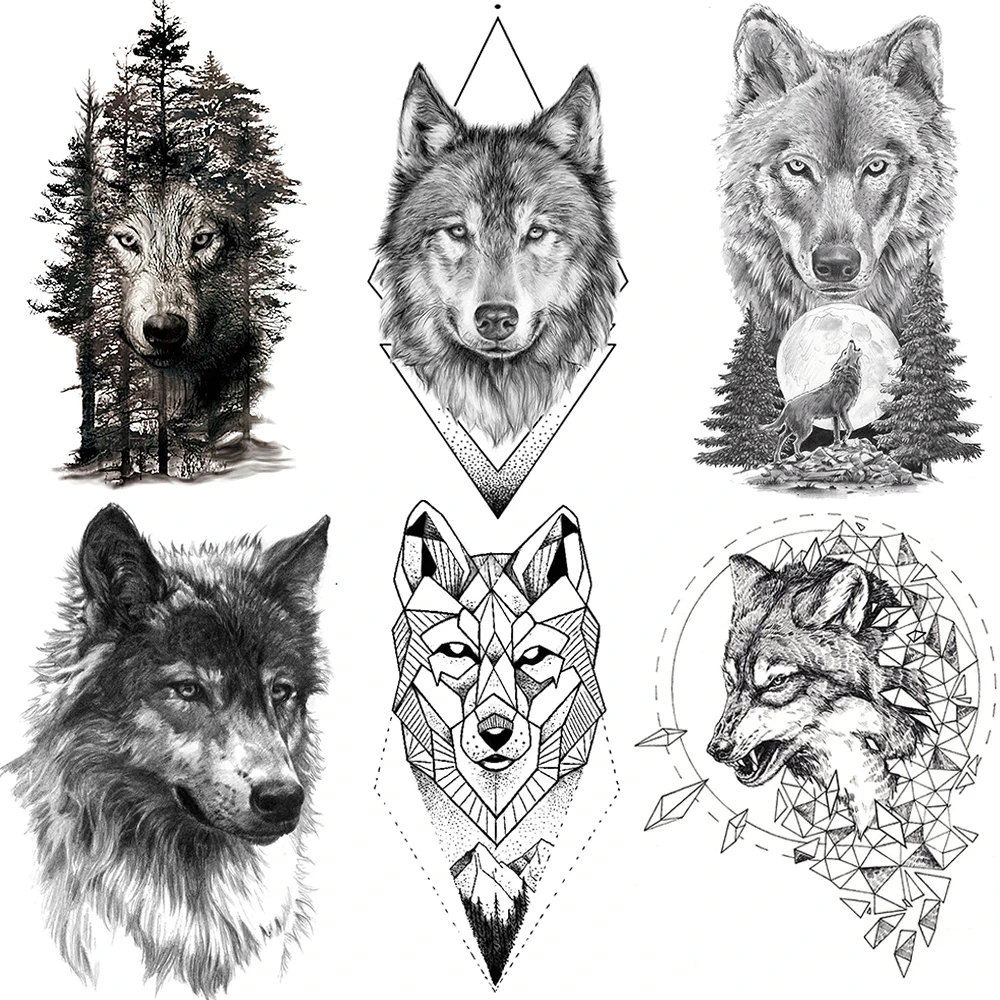 Black Rhombus Wolf Tattoos For Men Women Waterproof Body Art Fake Tattoo Sticker Tribal Style Forest Tatoo Arm Leg Paste | Красота и