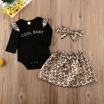 

2Pcs Toddler Baby Girl Cotton Long Sleeve Romper Tops Bowknot Princess Skirt Outfits Letter Bodysuit Leopard Dress Headband Sets