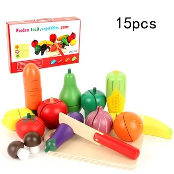 

Kid Wooden Kitchen Set Toys 15 Pcs/Set Simulation Suit Food Toy Cuting Fruit Educational Pretend Play Safe Cute Girl Toy Gifts