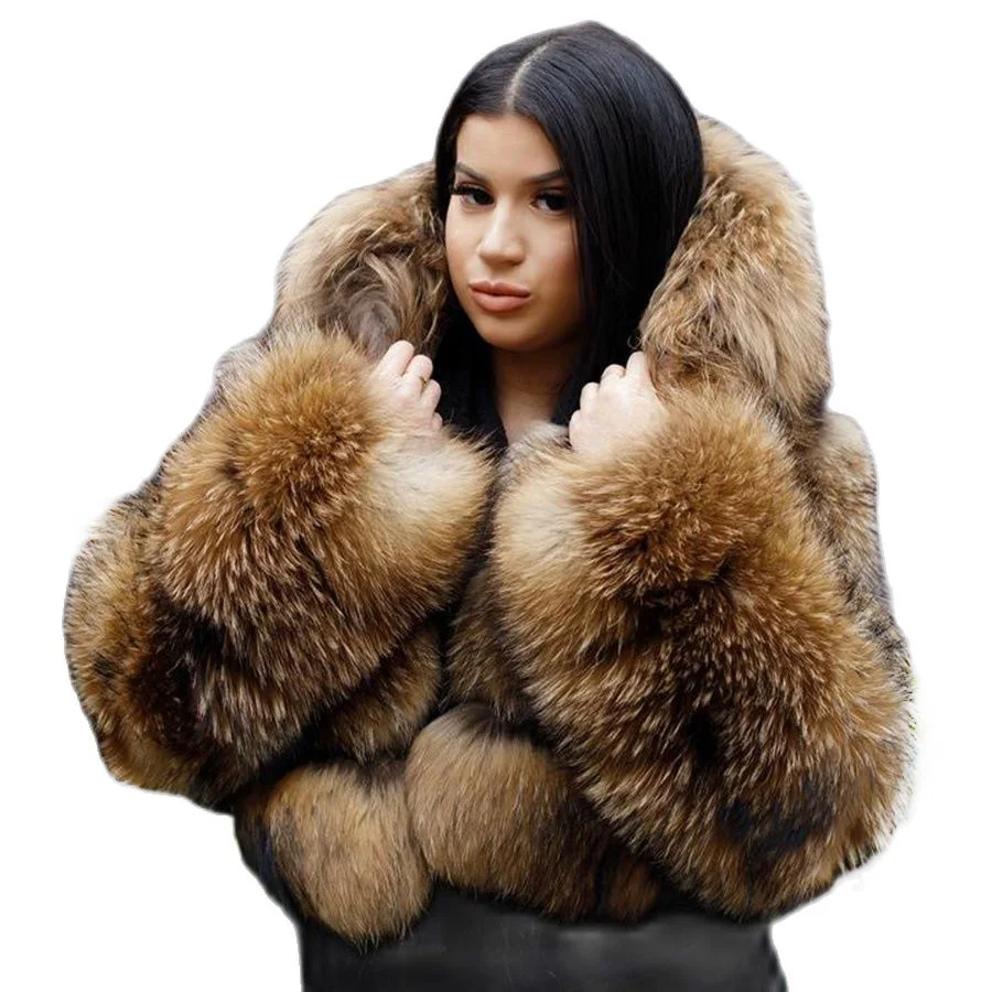

Winter Hooded Fur Jacket Real Raccoon Fur Coat Women Warm Fashion Outwear High Quality