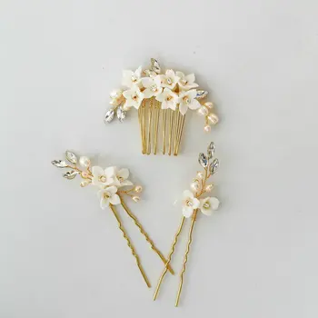 

White Ceramics Flowers Bridal Hair Comb Elegant Rhinestone Pearl Bridal Wedding Hair Accessories