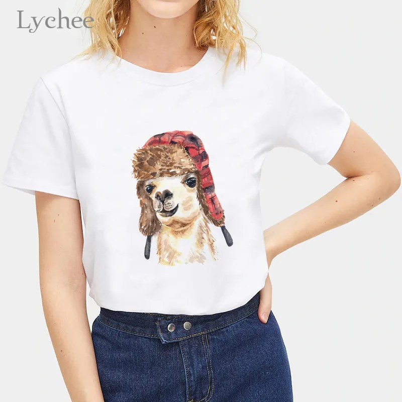 

Lychee Harajuku Cartoon Llama Printed Women T-shirt Tee Casual Crew Neck Female Pullovers Tops Short Sleeve Summer Lady T Shirts