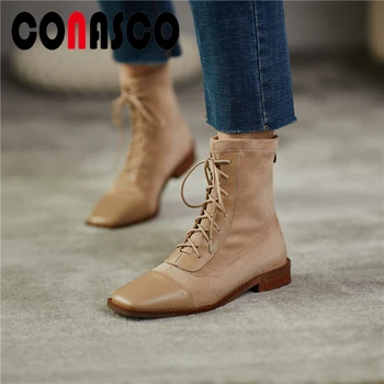 

CONASCO Genuine Leather Women Ankle Boots New Autumn Winter Lace-Up Shoes Woman Concise Square Toe Zipper Casual Short Boots